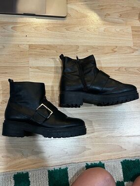 Black Leather Lug-Sole Ankle Boots with Buckle